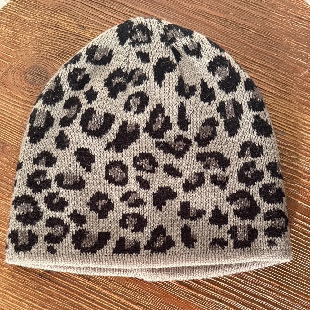 Gray Leopard Print Knit Beanie with Lurex Metallic Threads